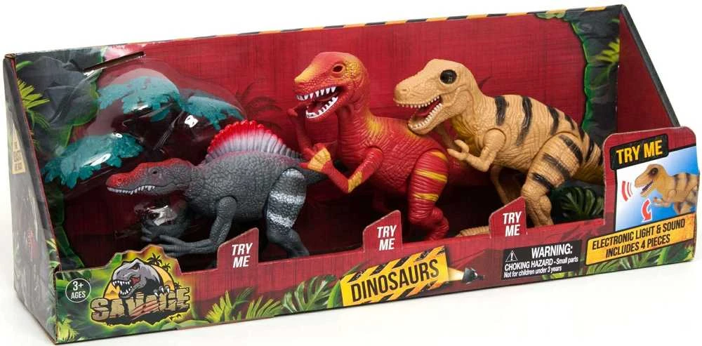Norimpex Dinozaurų interaktyvios figūrėlės Rinkinys Judantis garsas Šviesa Riaumojimas 22 cm Spinosaurus Tyrannosaurus Velociraptor 3 vnt.