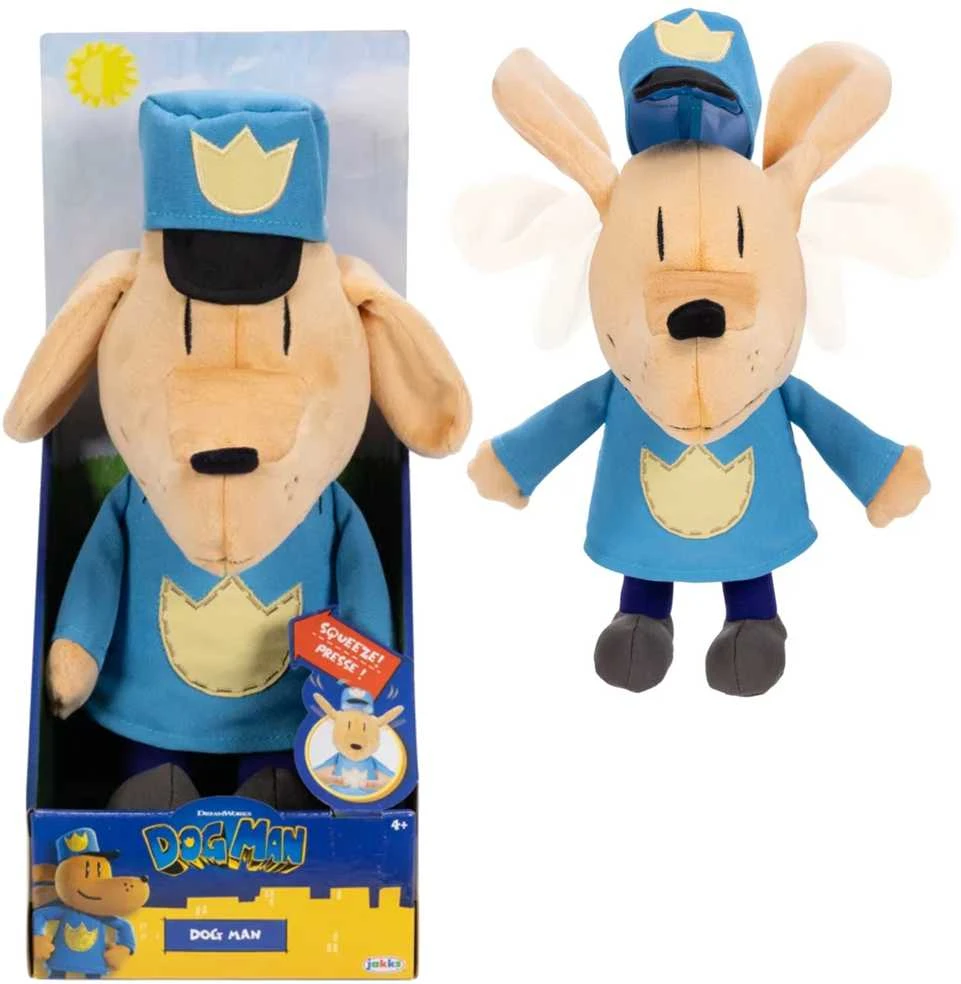 Jakks Pacific „Dream Works Dog Man“ interaktyvus pliušinis žaislas su cyptelinčiu šunimi policininku 26 cm