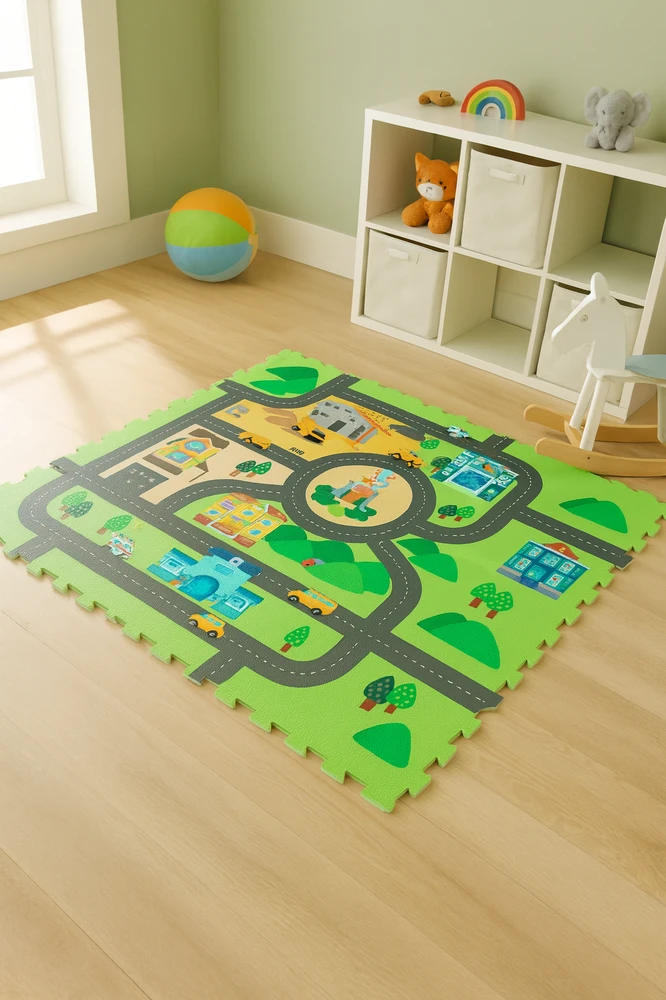 Edukacinis kilimėlis 120x120 Storo putplasčio dėlionės 4 vnt. Humbi Miesto gatvės Miestas Miestas Keliai