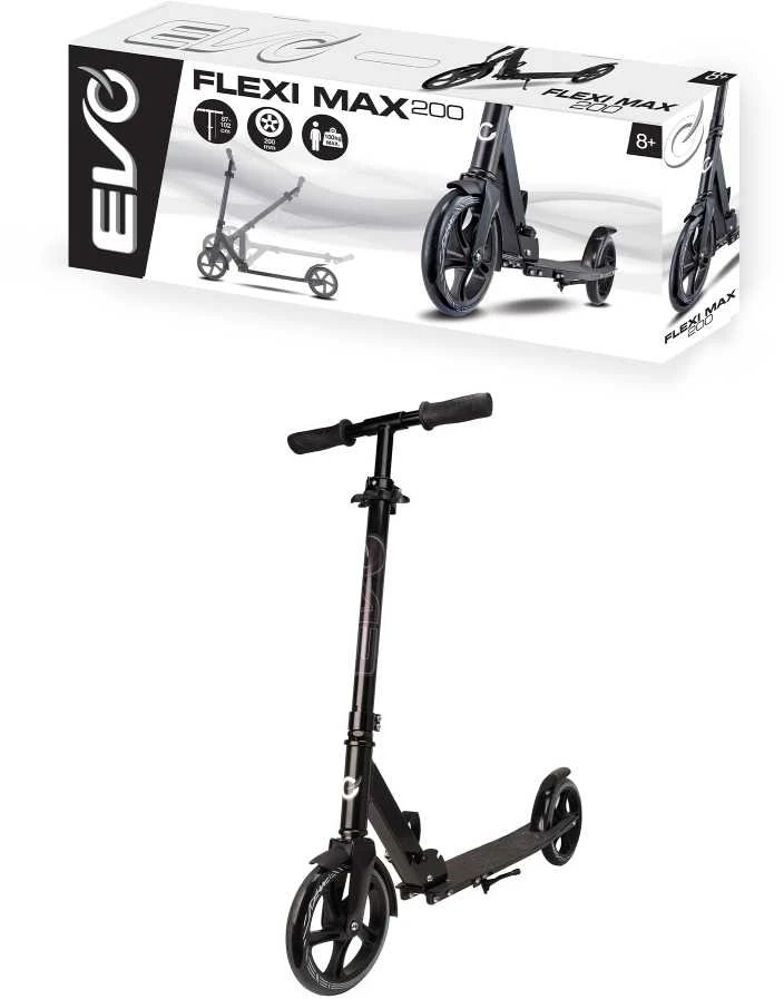 Evo dviratis paspirtukas City Flexi Max 200 Juoda su stovu ir diržu iki 100 kg 8+