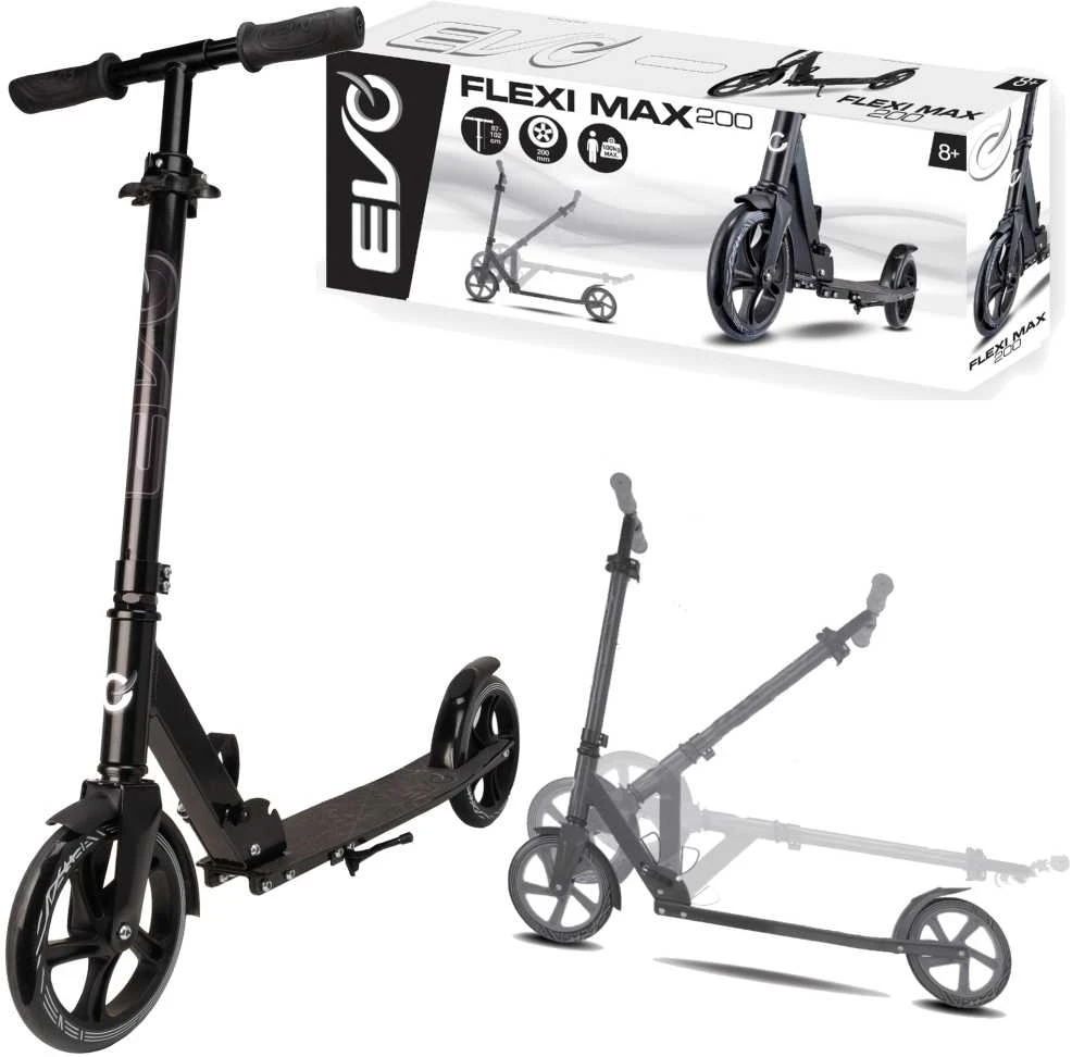 Evo dviratis paspirtukas City Flexi Max 200 Juoda su stovu ir diržu iki 100 kg 8+