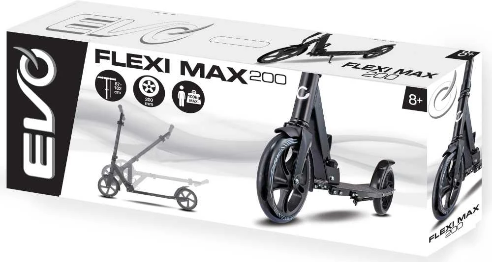 Evo dviratis paspirtukas City Flexi Max 200 Juoda su stovu ir diržu iki 100 kg 8+