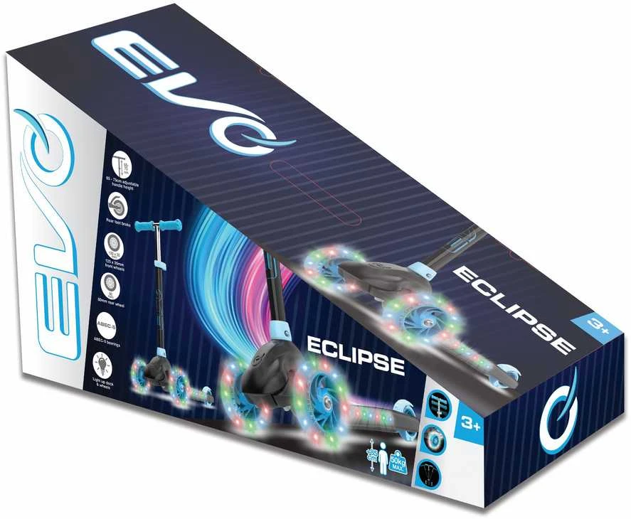 EVO reguliuojamas 3 ratų paspirtukas vaikams Eclipse Mėlyna Light Up ratai ir denis