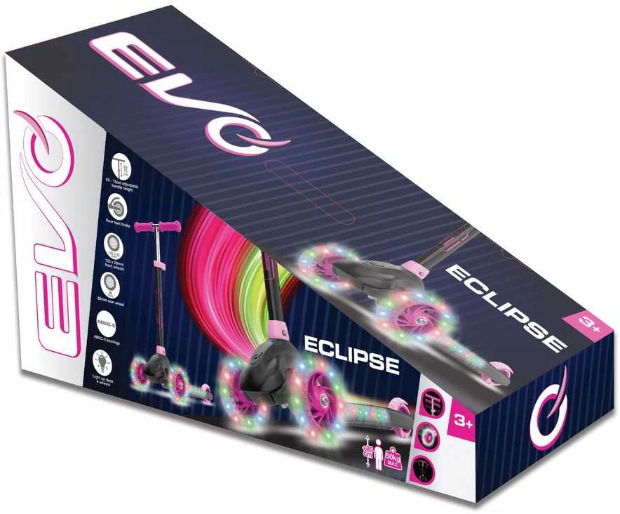 EVO reguliuojamas triratis paspirtukas vaikams, „Eclipse“, su šviečiančiais ratais ir platforma, 3+m., rožinės spalvos