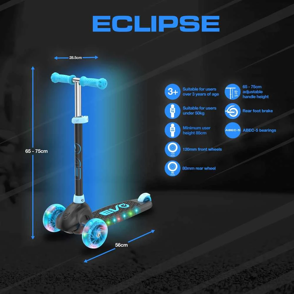 EVO reguliuojamas 3 ratų paspirtukas vaikams Eclipse Mėlyna Light Up ratai ir denis