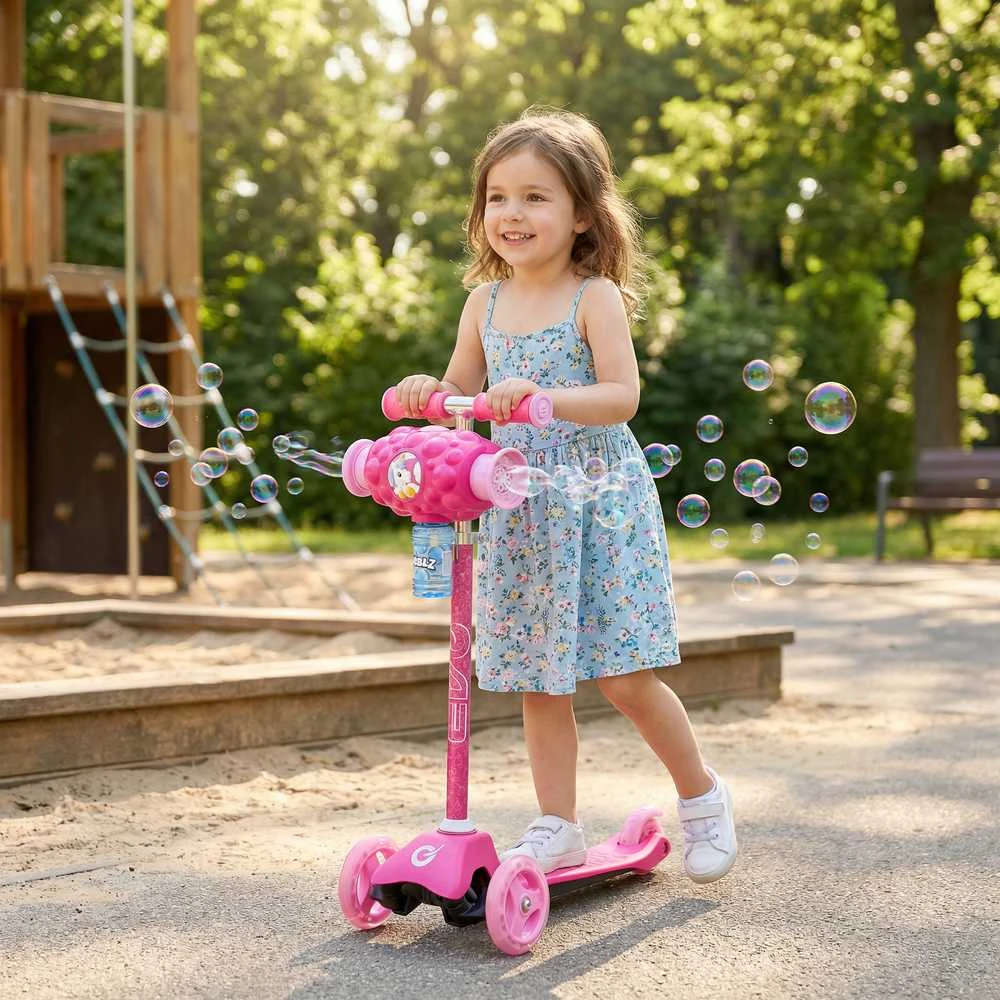 EVO reguliuojamas triratis „Bubblz Mini Cruiser“ vaikiškas paspirtukas, rožinis su muilo burbulais