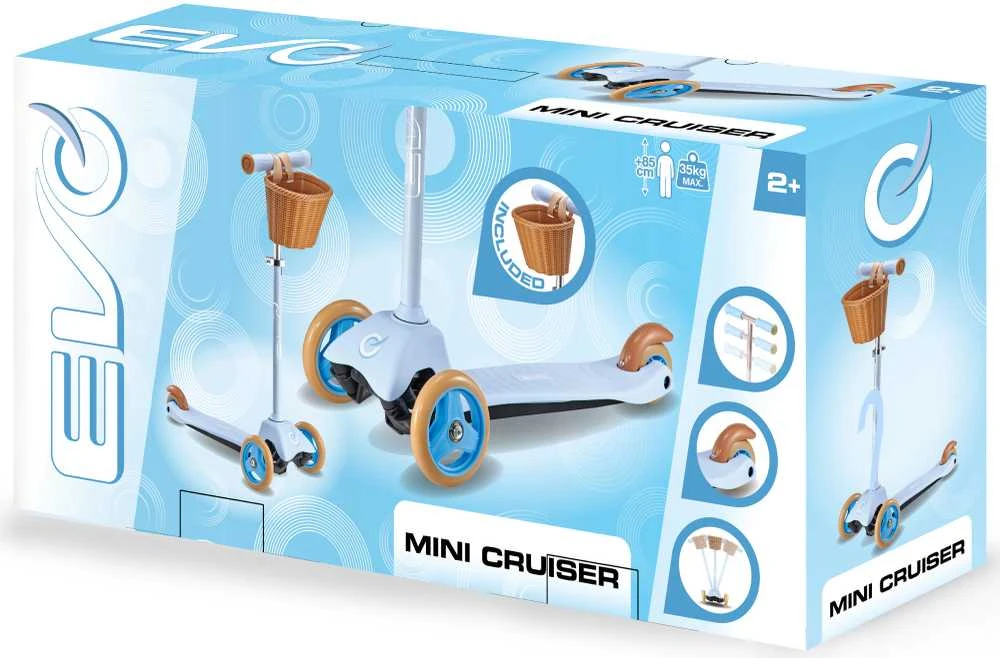 EVO reguliuojamas triratis paspirtukas vaikams, „Mini Cruiser“, su krepšeliu, 2+m., mėlynos spalvos
