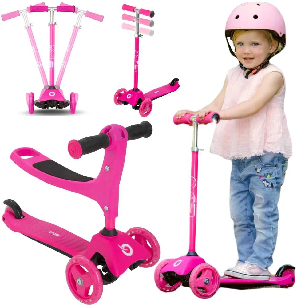EVO 2 viename triratis reguliuojamo dydžio rožinis paspirtukas, 40–72 cm, vaikams nuo 1 metų