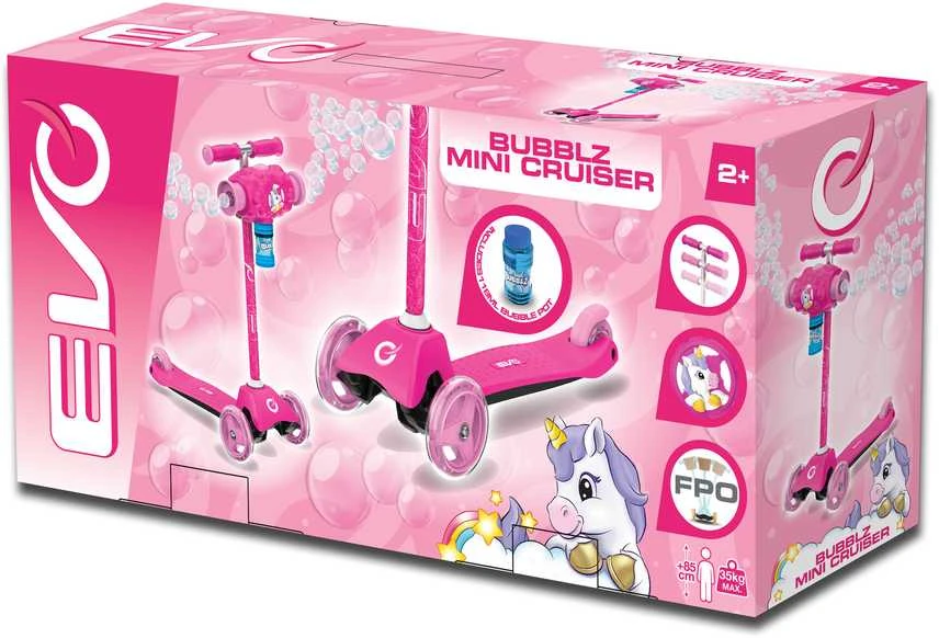 EVO reguliuojamas triratis „Bubblz Mini Cruiser“ vaikiškas paspirtukas, rožinis su muilo burbulais