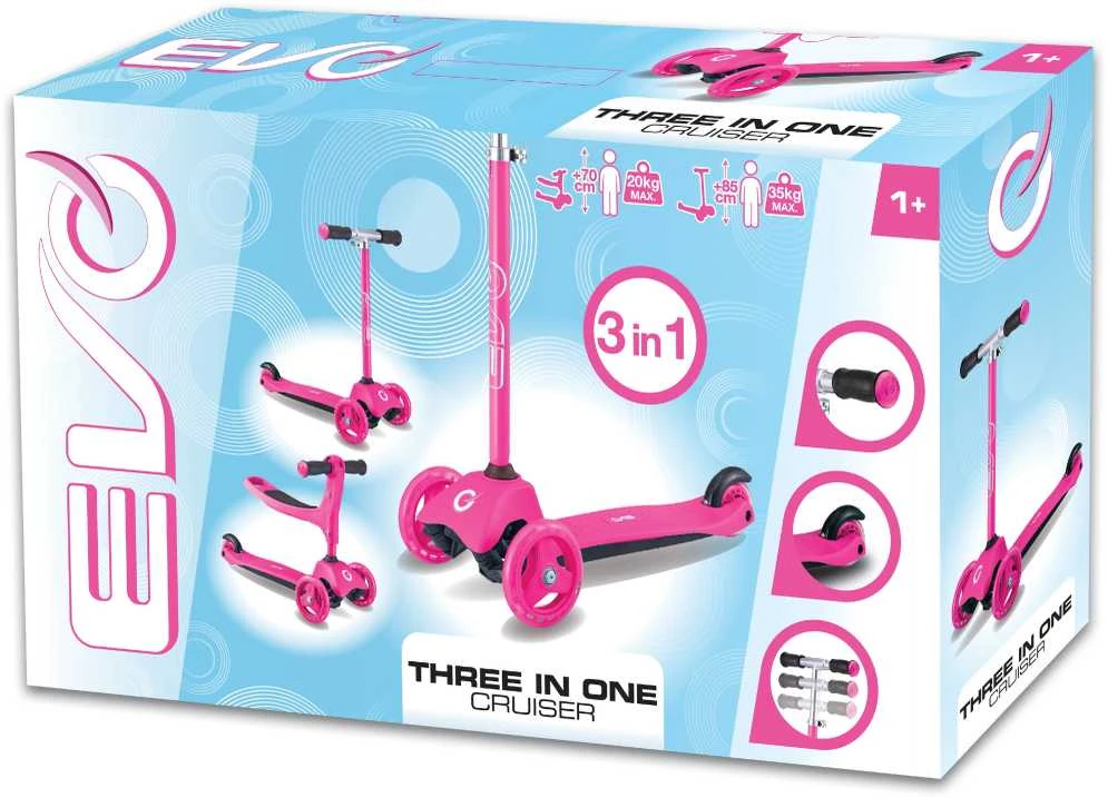 EVO 2 viename triratis reguliuojamo dydžio rožinis paspirtukas, 40–72 cm, vaikams nuo 1 metų