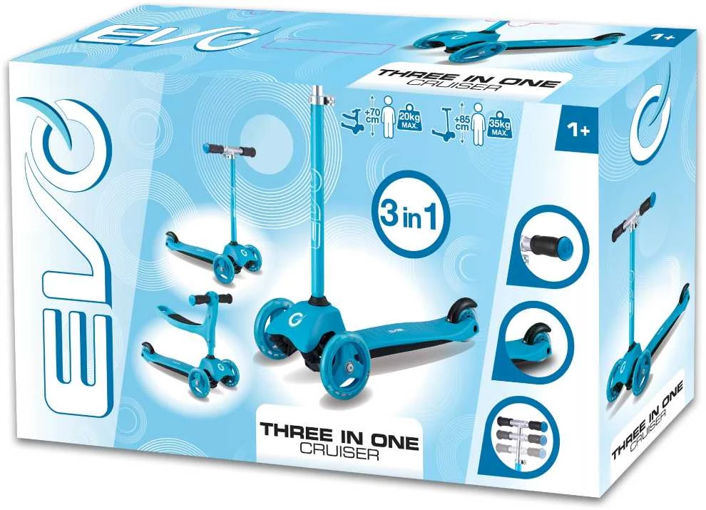 „Evo“ reguliuojamas 3 ratų paspirtukas vaikams 2 viename kruiziniu automobiliu su sėdyne šviesiai mėlyna