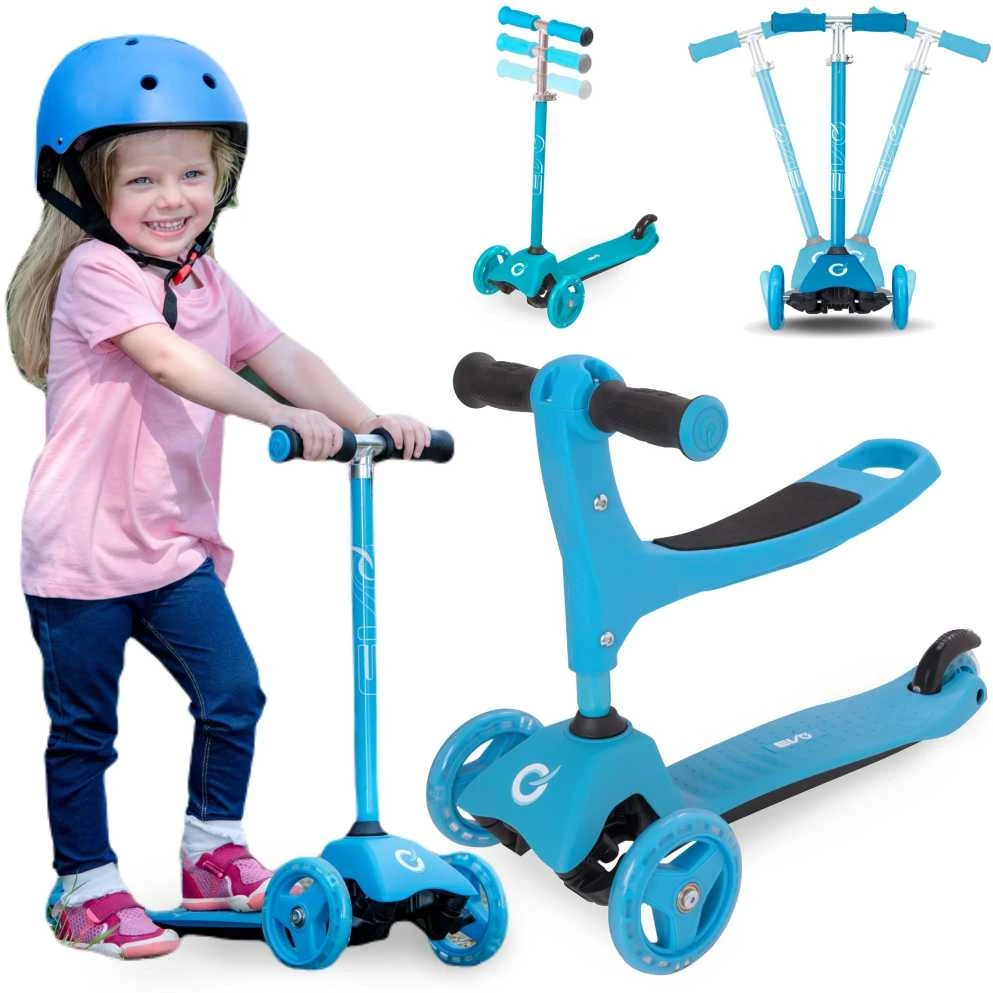 „Evo“ reguliuojamas 3 ratų paspirtukas vaikams 2 viename kruiziniu automobiliu su sėdyne šviesiai mėlyna