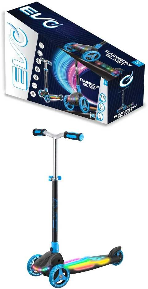 EVO sulankstomas reguliuojamas 3 ratų vaikiškas paspirtukas Rainbow Blast mini Cruiser mėlynai švytintis denis