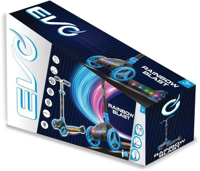 EVO sulankstomas reguliuojamas 3 ratų vaikiškas paspirtukas Rainbow Blast mini Cruiser mėlynai švytintis denis