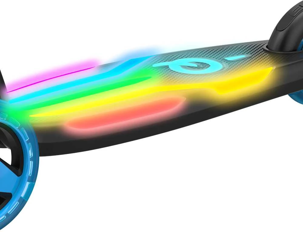 EVO sulankstomas reguliuojamas 3 ratų vaikiškas paspirtukas Rainbow Blast mini Cruiser mėlynai švytintis denis