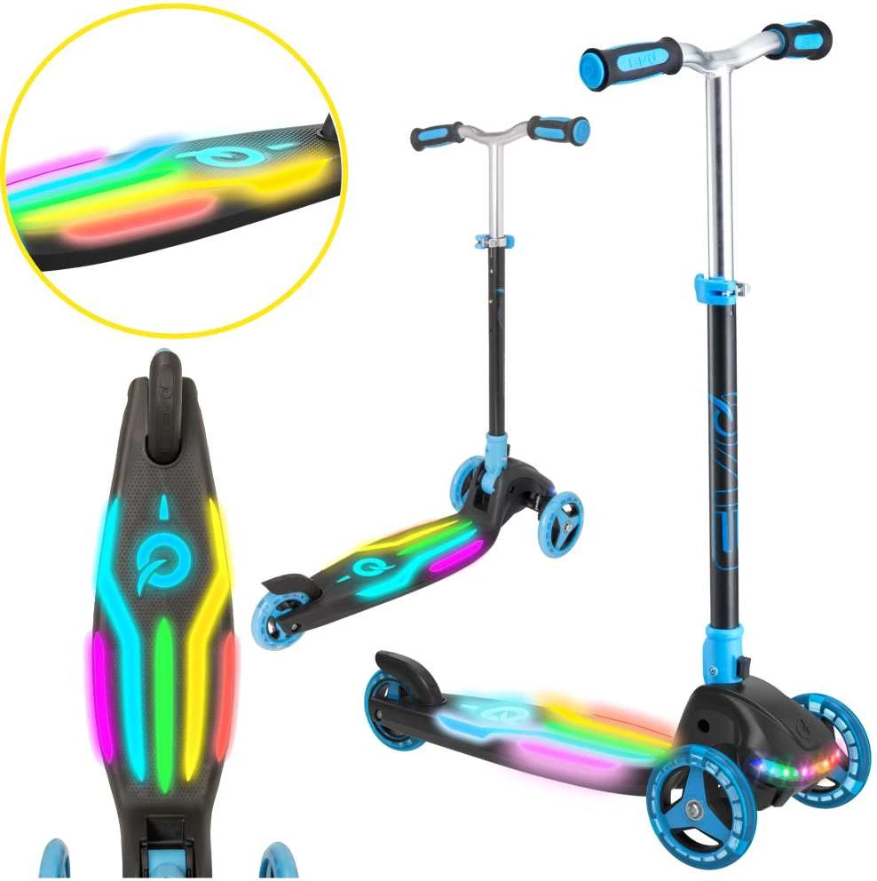 EVO sulankstomas reguliuojamas 3 ratų vaikiškas paspirtukas Rainbow Blast mini Cruiser mėlynai švytintis denis