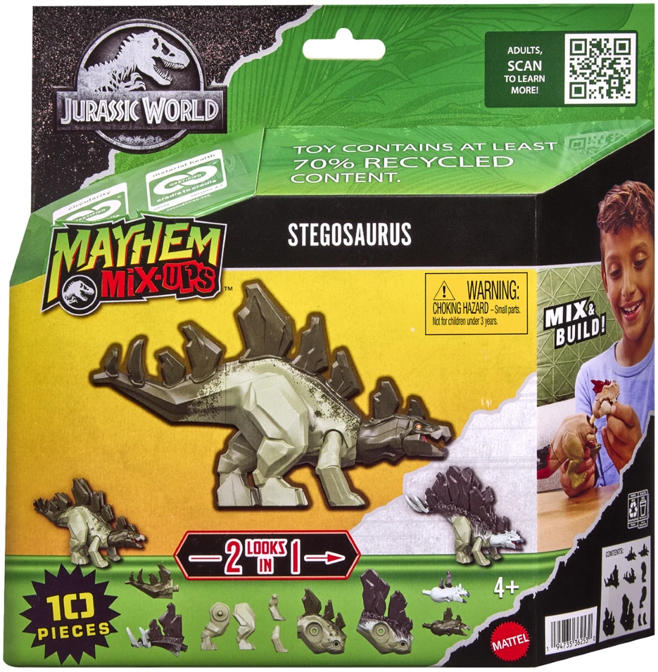 WORLD Juros periodo pasaulio „Mayhem Mix-Ups“ 2 viename stegozauro dinozauro figūrėlė