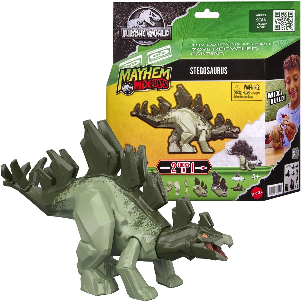 WORLD Juros periodo pasaulio „Mayhem Mix-Ups“ 2 viename stegozauro dinozauro figūrėlė