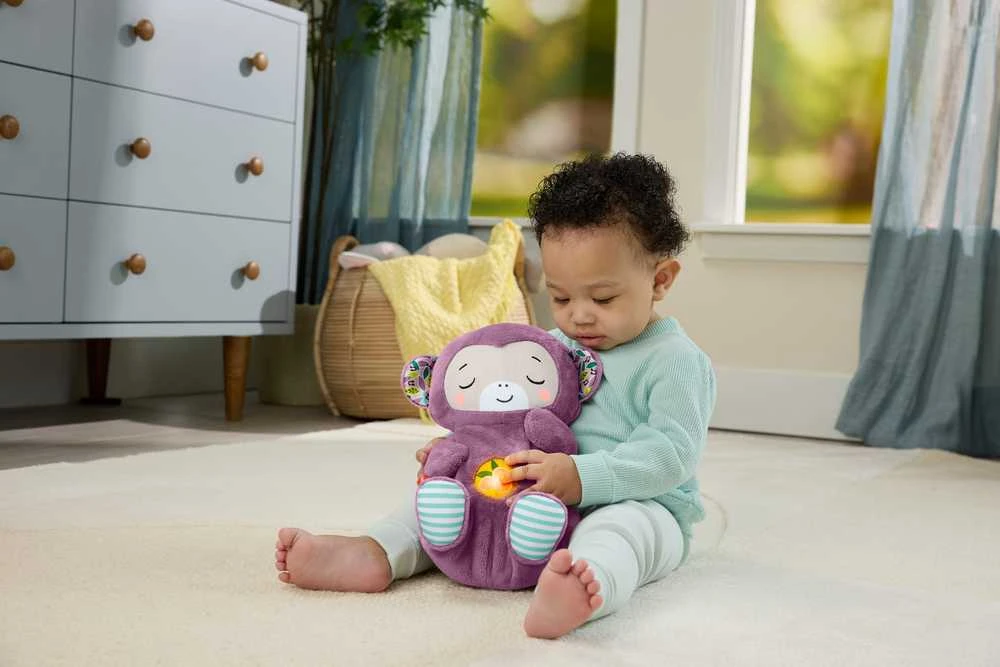 Mattel Violetinė mieganti beždžionėlė - pliušinis žaislas su garsais ir melodijomis
