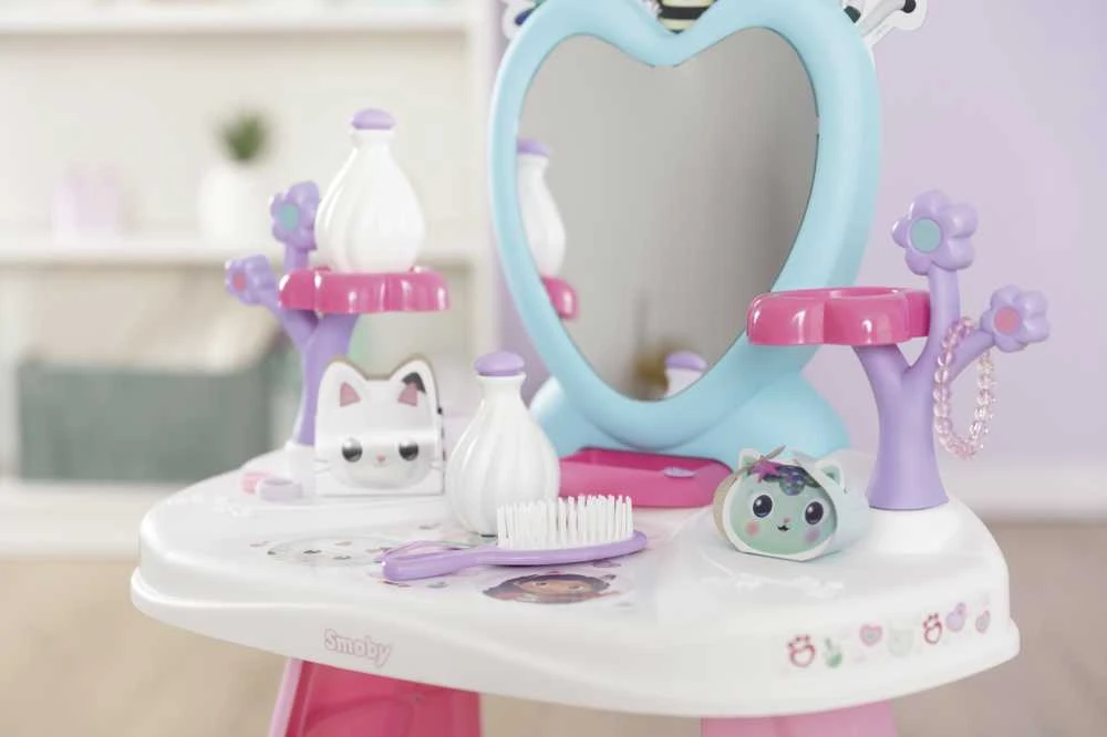 Smoby „Gabi Cat House“ didelis tualetinis staliukas su veidrodžiu ir taburete + 10 aksesuarų grožio salonas
