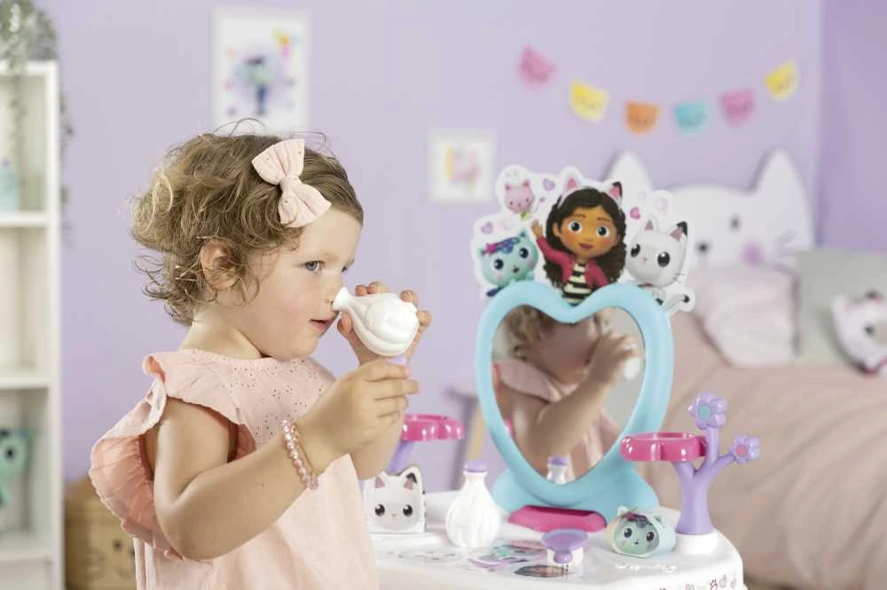 Smoby „Gabi Cat House“ didelis tualetinis staliukas su veidrodžiu ir taburete + 10 aksesuarų grožio salonas