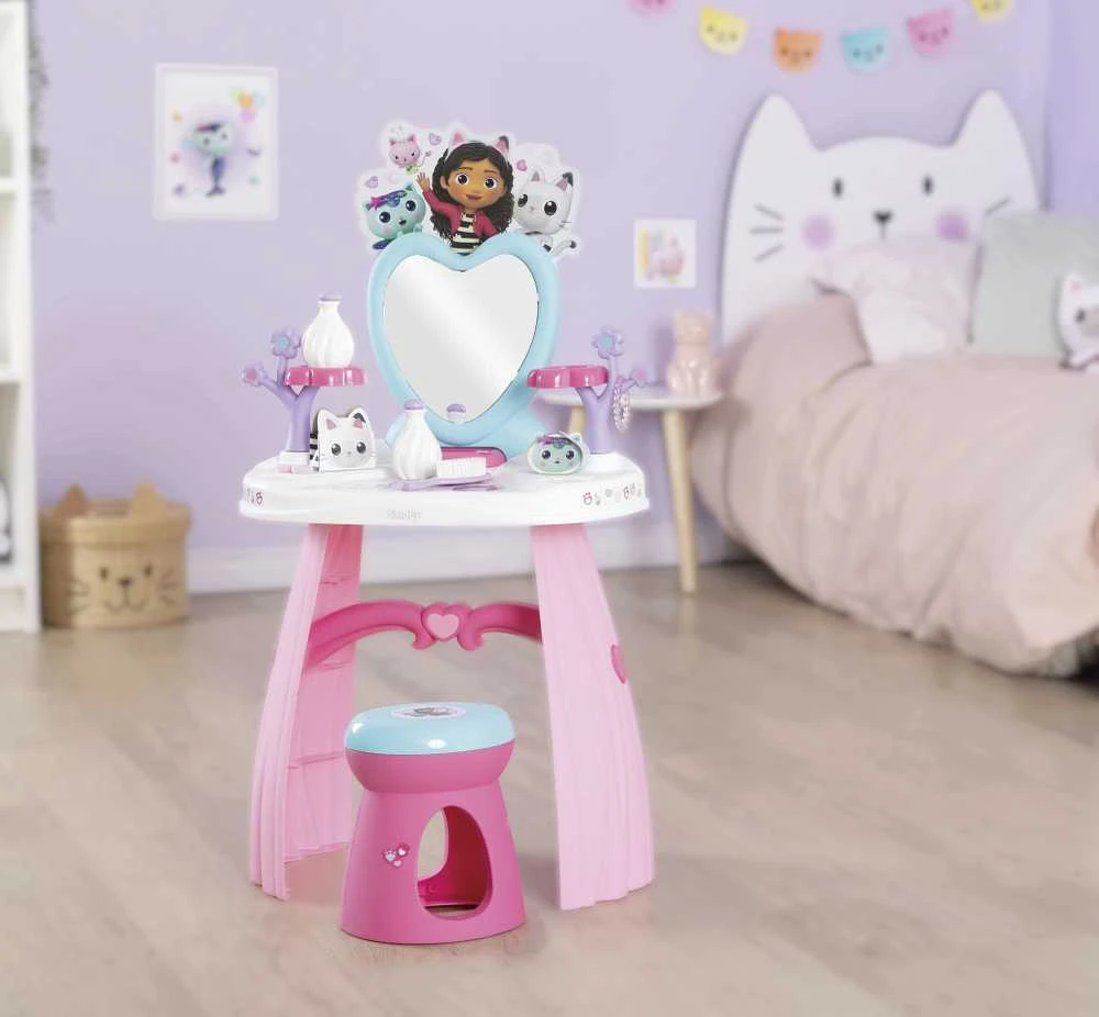 Smoby „Gabi Cat House“ didelis tualetinis staliukas su veidrodžiu ir taburete + 10 aksesuarų grožio salonas