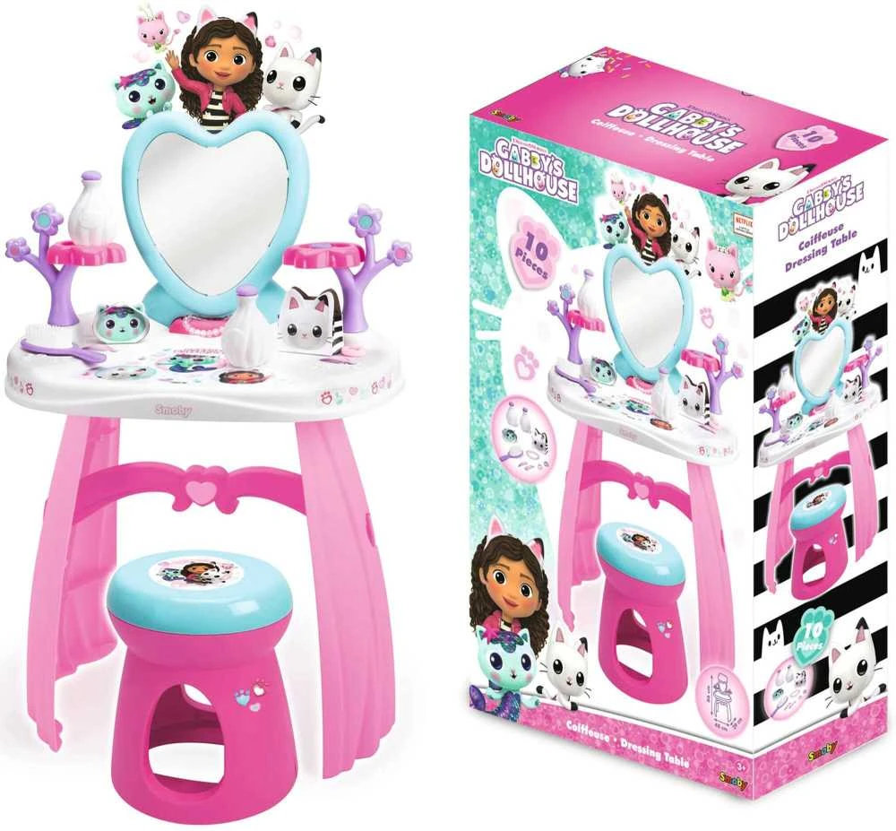 Smoby „Gabi Cat House“ didelis tualetinis staliukas su veidrodžiu ir taburete + 10 aksesuarų grožio salonas