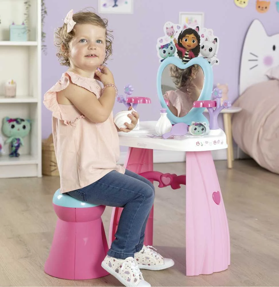 Smoby „Gabi Cat House“ didelis tualetinis staliukas su veidrodžiu ir taburete + 10 aksesuarų grožio salonas