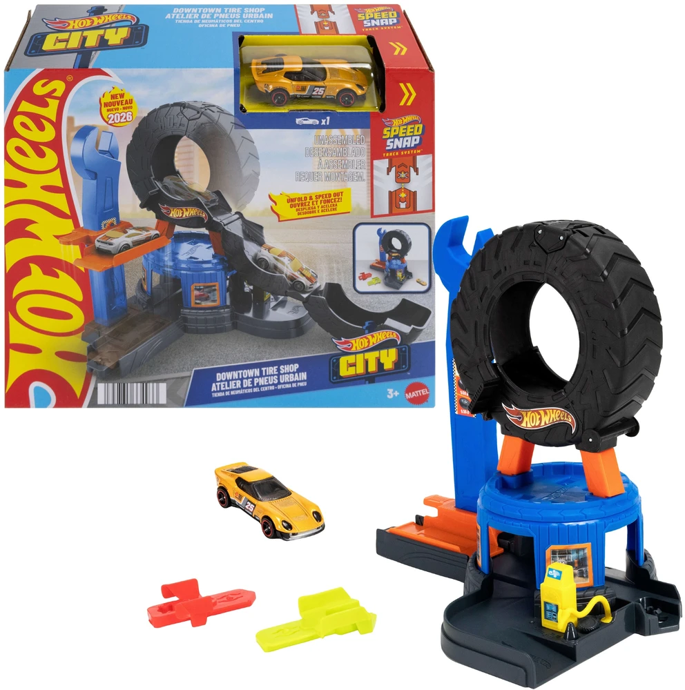 Hot Wheels City dirbtuvės ištiesiama padanga – automobilio trasa + transporto priemonė