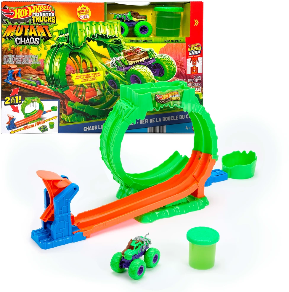 Mattel HOT WHEELS MONSTER TRUCKS MUTANT CHAOS triukų trasa su slaimu (JMK91)
