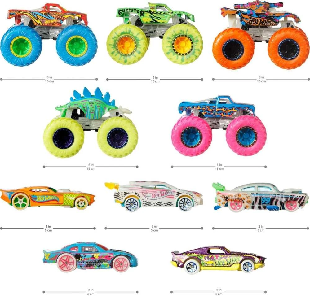 Mattel Hot Wheels Monster Trucks Šviečia tamsoje Vehicles HCB57 rinkinys