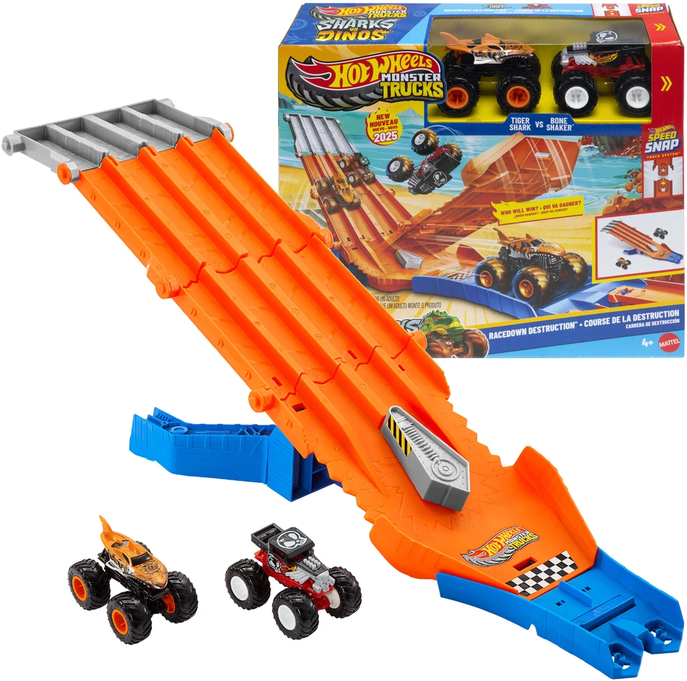 „Hot Wheels“ monstrų sunkvežimio dviejų automobilių griovimo lenktynės