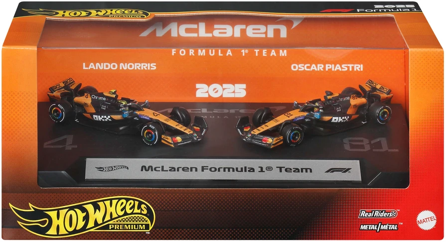 Mattel HOT WHEELS PREMIUM F1 dviejų McLaren Lando Norris ir Oscar Piastri bolidų rinkinys (JMM91)