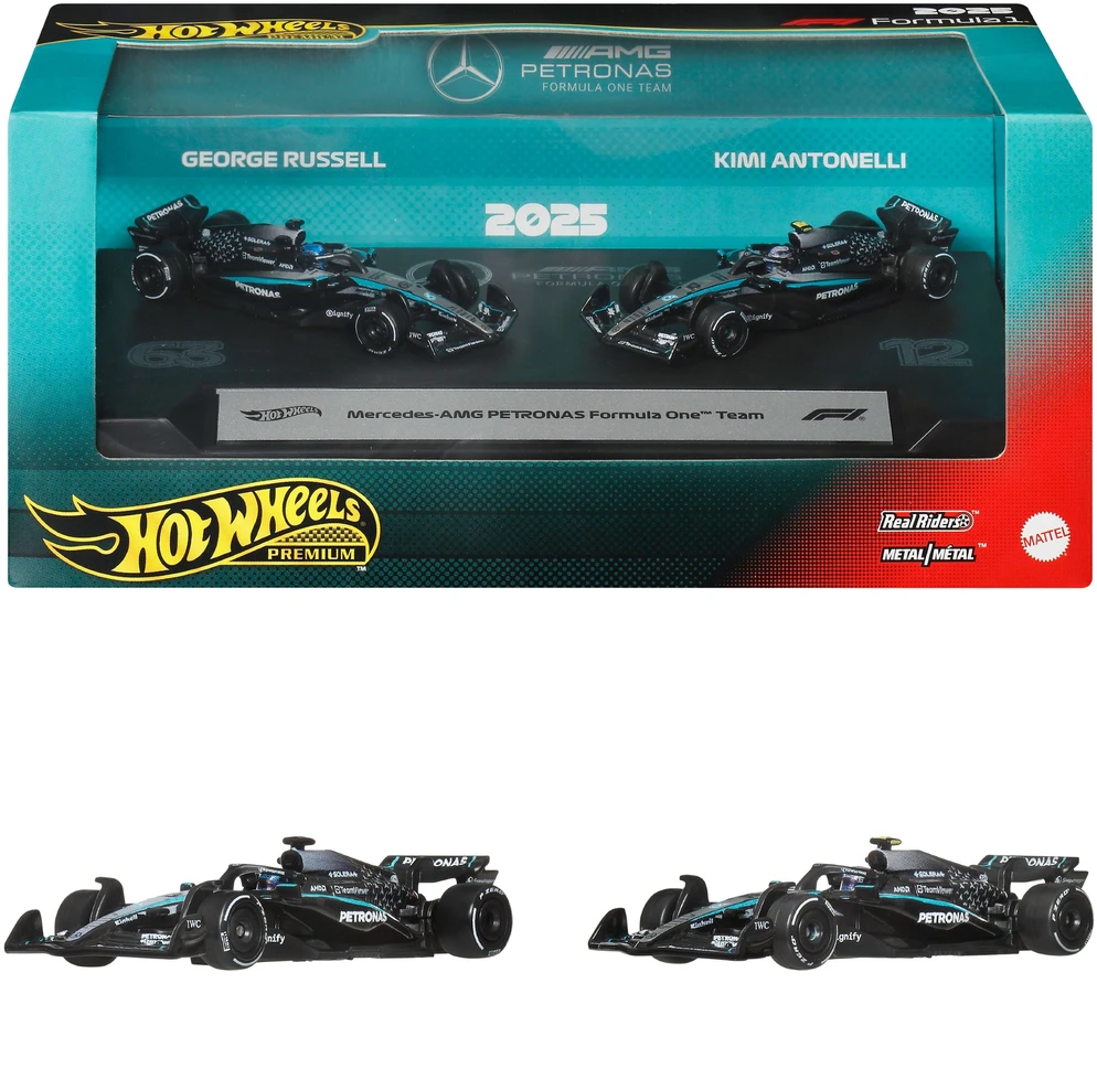 Mattel HOT WHEELS PREMIUM F1 dviejų Mercedes-Benz George Russel ir Kimi Antonelli bolidų rinkinys (JMM93)