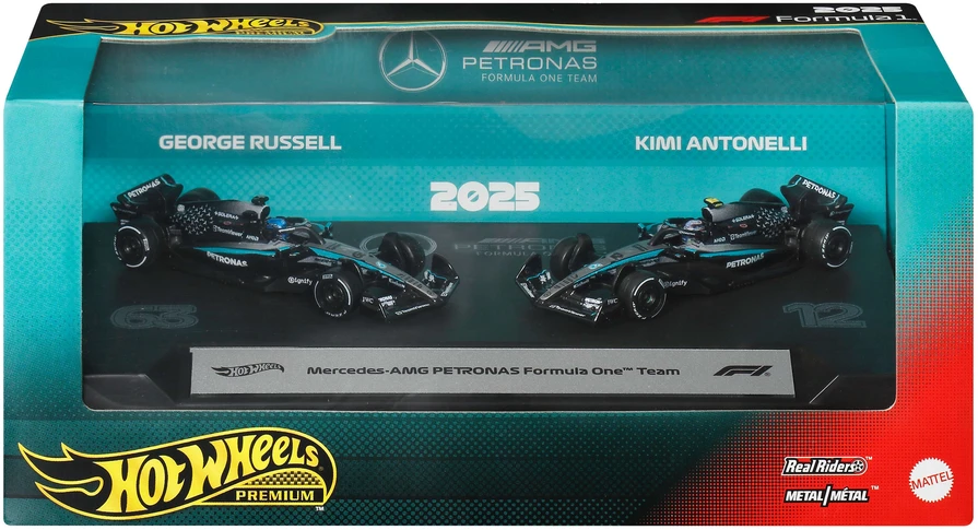 Mattel HOT WHEELS PREMIUM F1 dviejų Mercedes-Benz George Russel ir Kimi Antonelli bolidų rinkinys (JMM93)