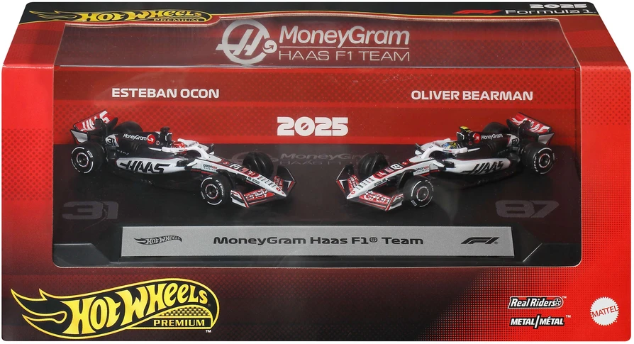 Hot Wheels Premium Formulė 1 MoneyGram Haas 2 vnt. metalinių F1 bolidų Esteban Ocon #31 ir Oliver Bearman #87