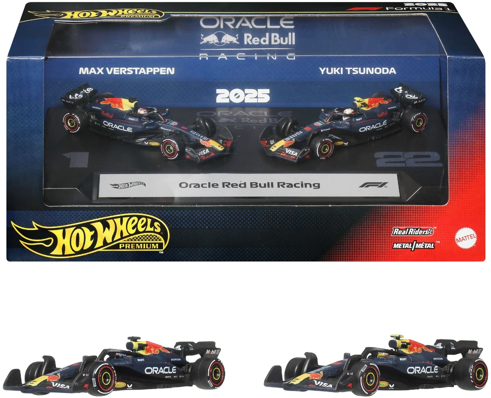 Mattel HOT WHEELS PREMIUM F1 Raudona Bull Max Verstappen ir Yuki Tsunoda bolidai (2 vnt.) (JMM95)