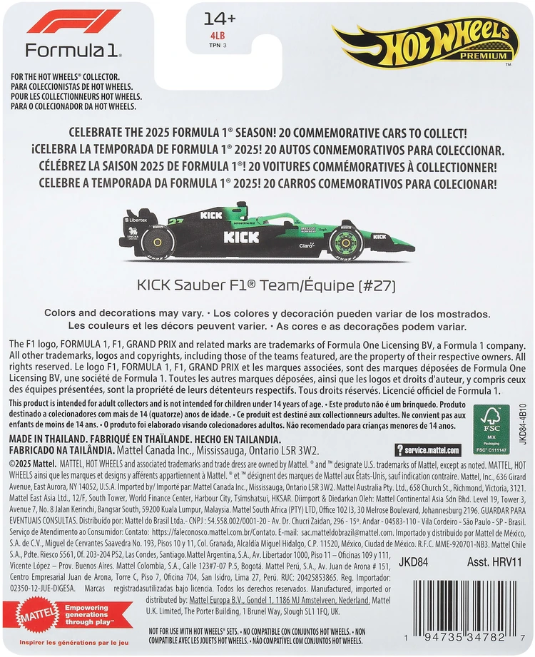 Mattel HOT WHEELS PREMIUM F1 Sauber Nico Hulkenberg bolidas 27 (JKD84)