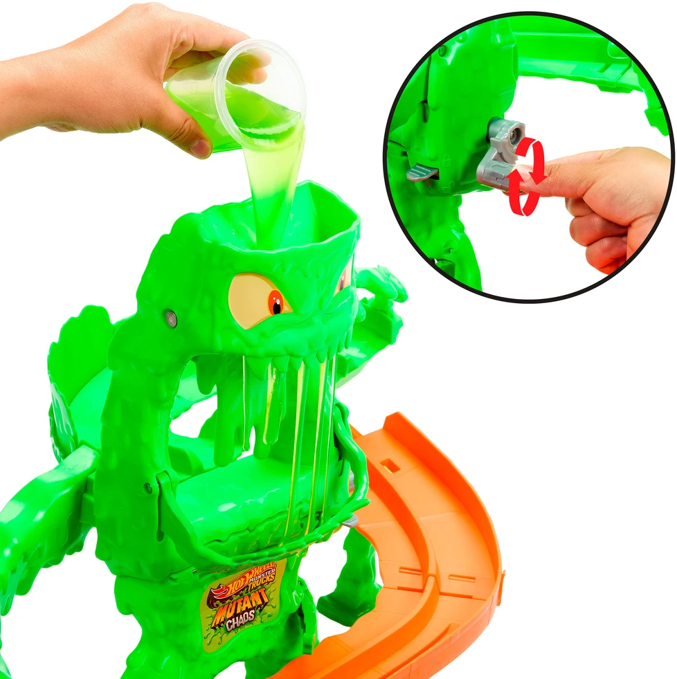Mattel HOT WHEELS MONSTER TRUCKS MUTANT CHAOS trasa su slaimu – Monstro sunaikinimas (JMK90)
