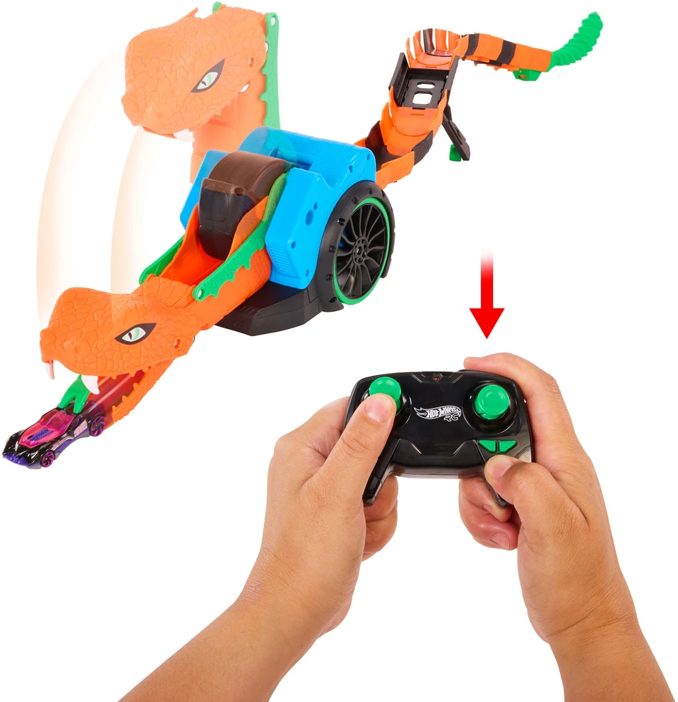 Hot Wheels nuotoliniu būdu valdoma transporto priemonė trasa su gyvate Slither n' Strike + automobiliukas 1:64