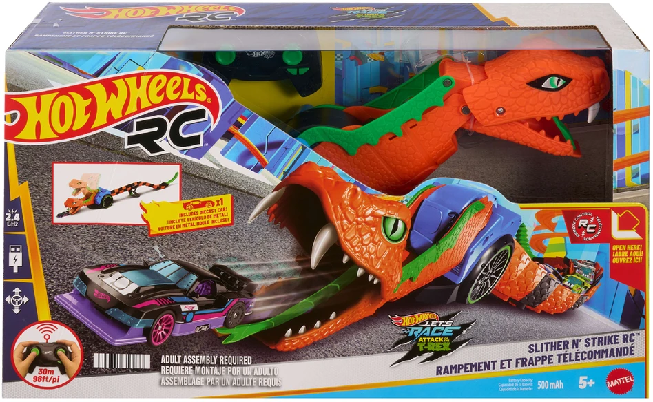 Hot Wheels nuotoliniu būdu valdoma transporto priemonė trasa su gyvate Slither n' Strike + automobiliukas 1:64