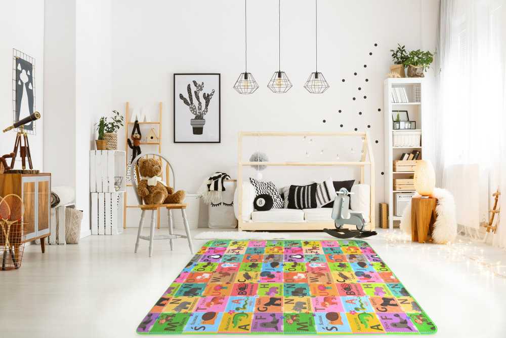 Humbi Foam dvipusis lavinamasis kilimėlis Šachmatų lenta 3in1 Lenkų abėcėlė Skaičiai Kontrastas Paveikslėliai juodai balta 180 x 200 x 1 cm