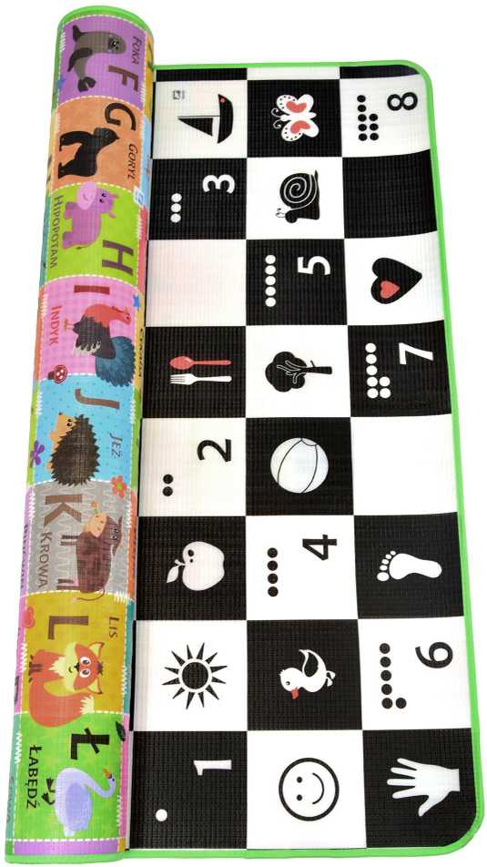 Humbi Foam dvipusis lavinamasis kilimėlis Šachmatų lenta 3in1 Lenkų abėcėlė Skaičiai Kontrastas Paveikslėliai juodai balta 180 x 200 x 1 cm
