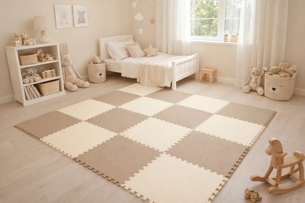 Humbi putplasčio kilimėlis 120x120, didelė putplasčio dėlionė, atspari vandeniui, saugi, 4 vnt., kreminės spalvos, tamsiai smėlio spalvos