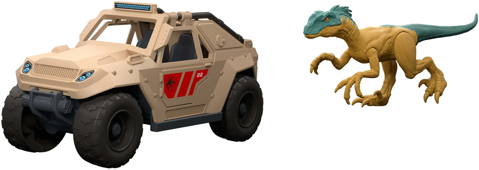 Jurassic World rinkinys su dinozauro velociraptoro figūrėle ir transporto priemone