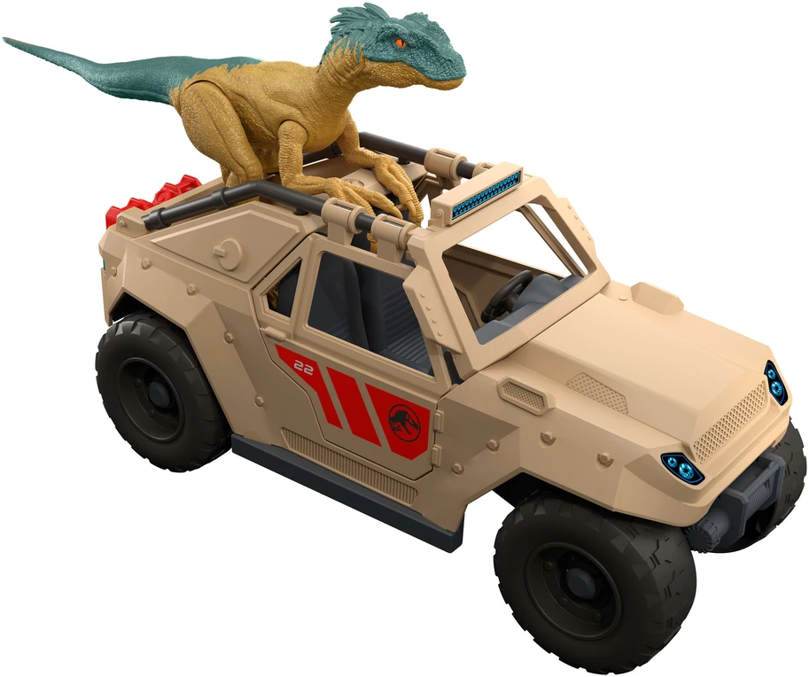 Jurassic World rinkinys su dinozauro velociraptoro figūrėle ir transporto priemone