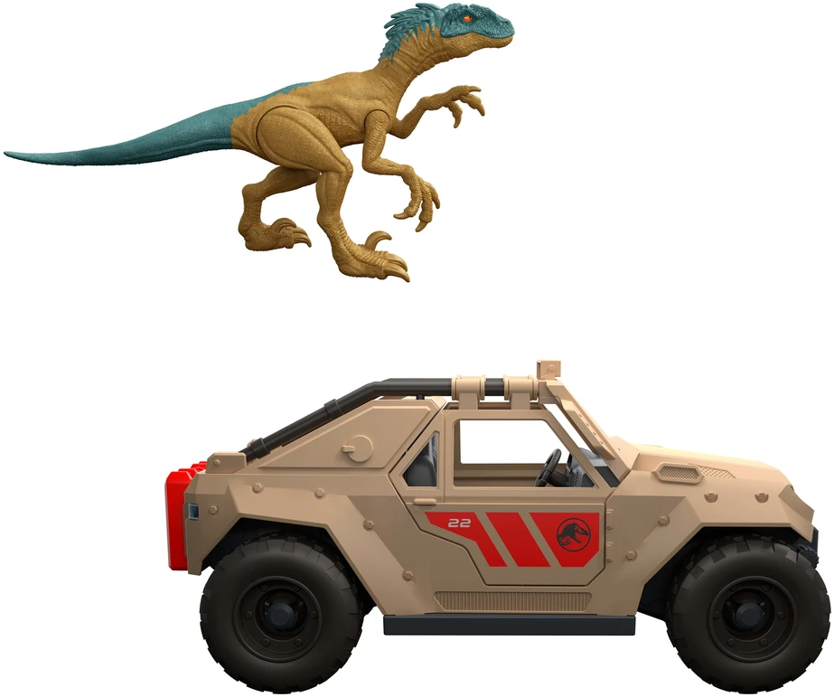 Jurassic World rinkinys su dinozauro velociraptoro figūrėle ir transporto priemone