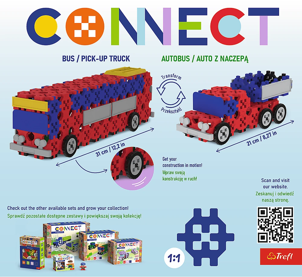 TREFL 61973 Klocki Connect 2in1 - Autobusas / Automobilis su puspriekabe