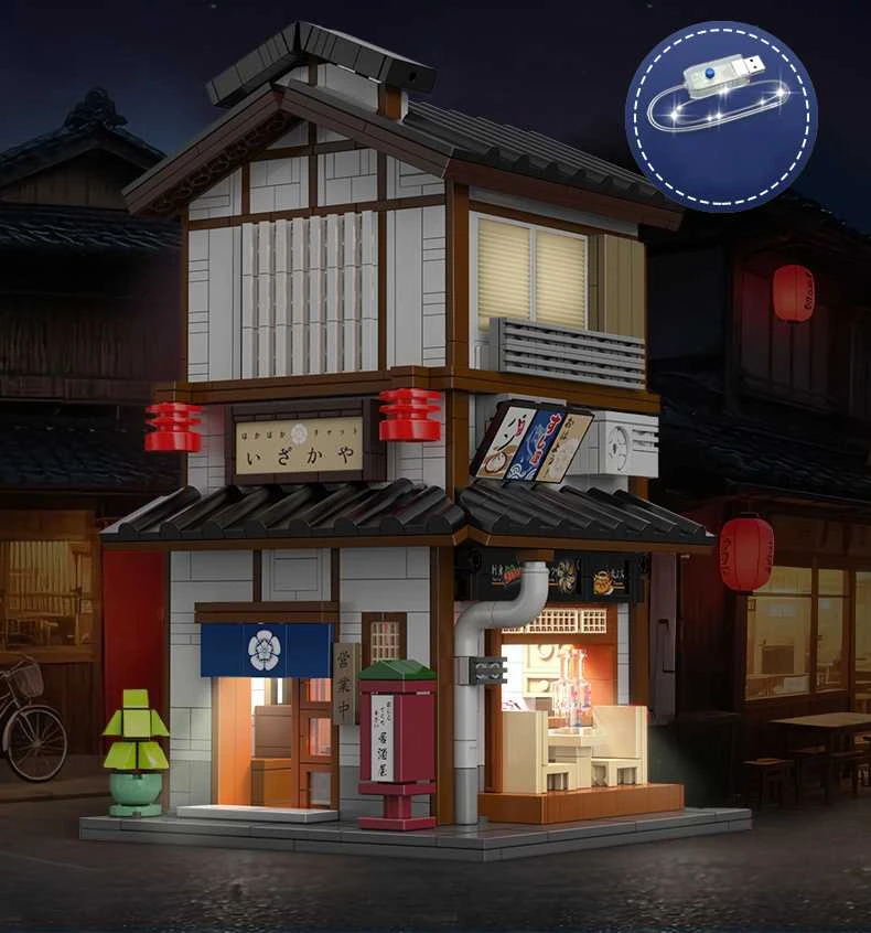 CaDA statybiniai kaladėlės Izakajos japoniško stiliaus užeigos pastatas su LED šviesa, 1195 detalės, C66019W