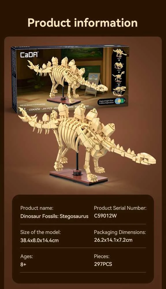 CaDA dinozaurų fosilijų dinozauro skeleto rinkinys: stegozauras, 297 dalys